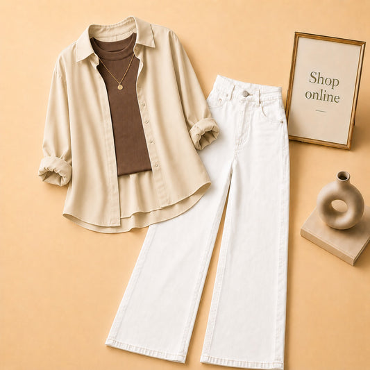 BEIGE BUTTON SHIRT WITH BROWN TANKTOP AND WHITE WIDE LEG JEANS (3PCS)