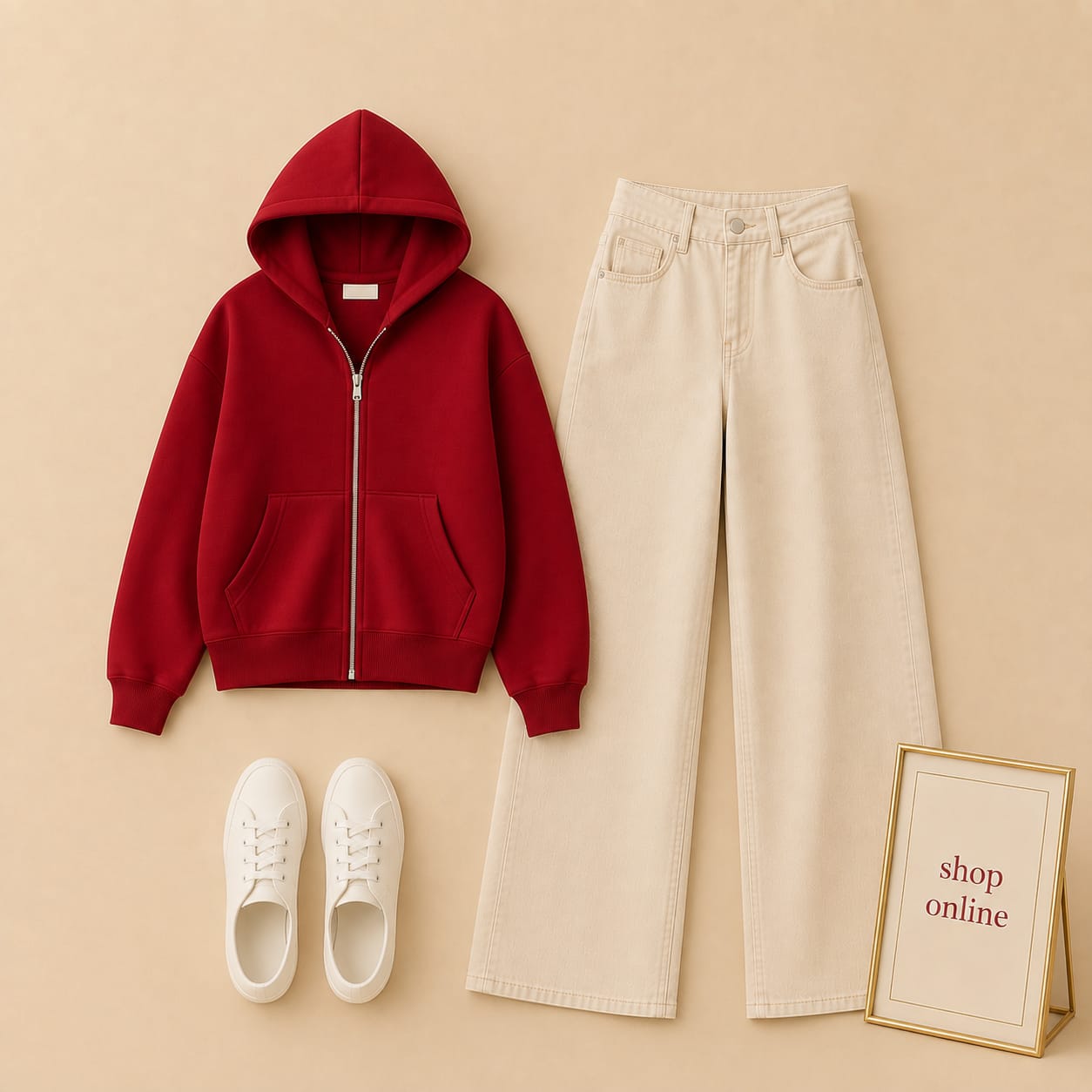 RED ZIPPER HOODIE WITH BEIGE WIDE LEG JEANS