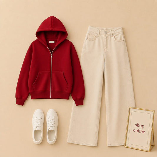 RED ZIPPER HOODIE WITH BEIGE WIDE LEG JEANS