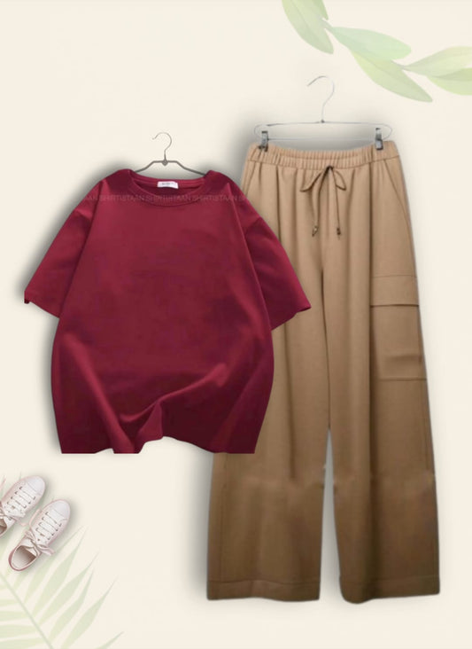 PLAIN MAROON TSHIRT WITH BEIGE CARGO TROUSER