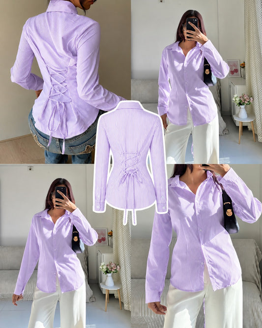 LILAC STRIPED FITTED BUTTON SHIRT ( CORSET BACK)