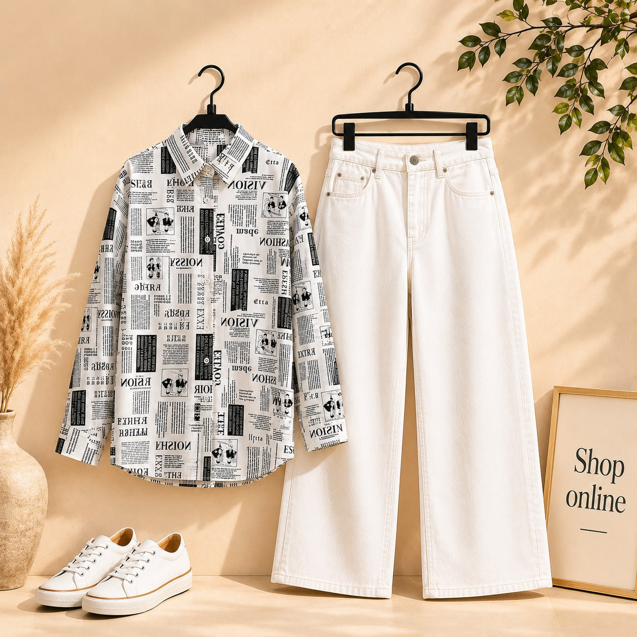 NEWSPAPER BUTTON SHIRT WITH WHITE WIDE LEG JEANS