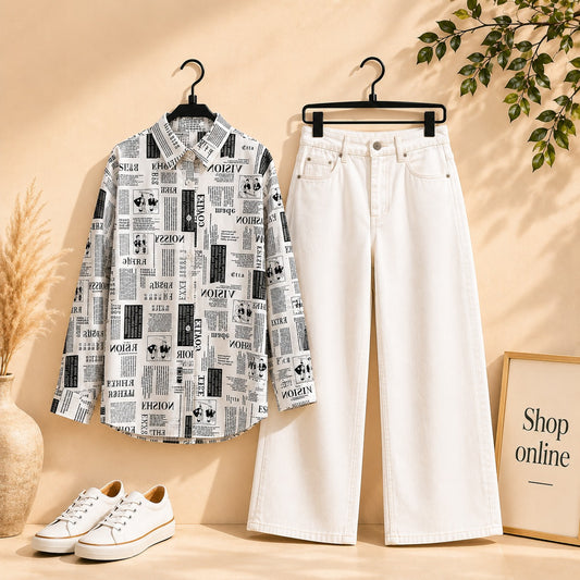 NEWSPAPER BUTTON SHIRT WITH WHITE WIDE LEG JEANS
