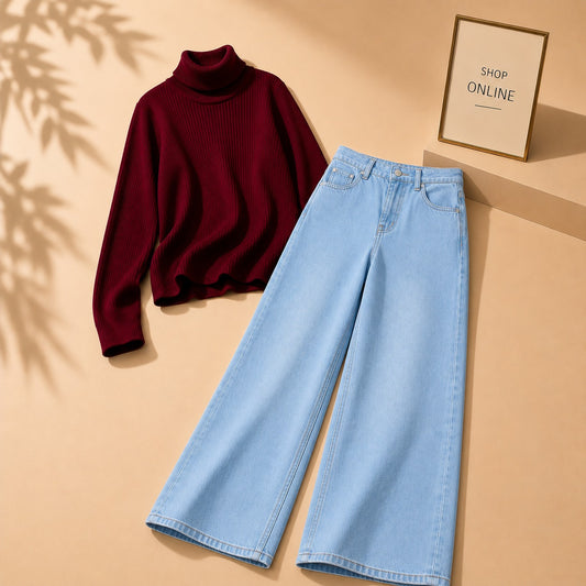 MAROON HIGH NECK WITH ICE BLUE WIDE LEG JEANS