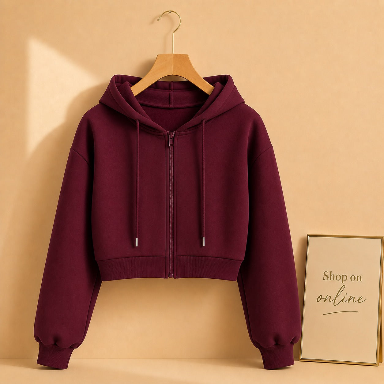 MAROON CROP ZIPPER HOODIE
