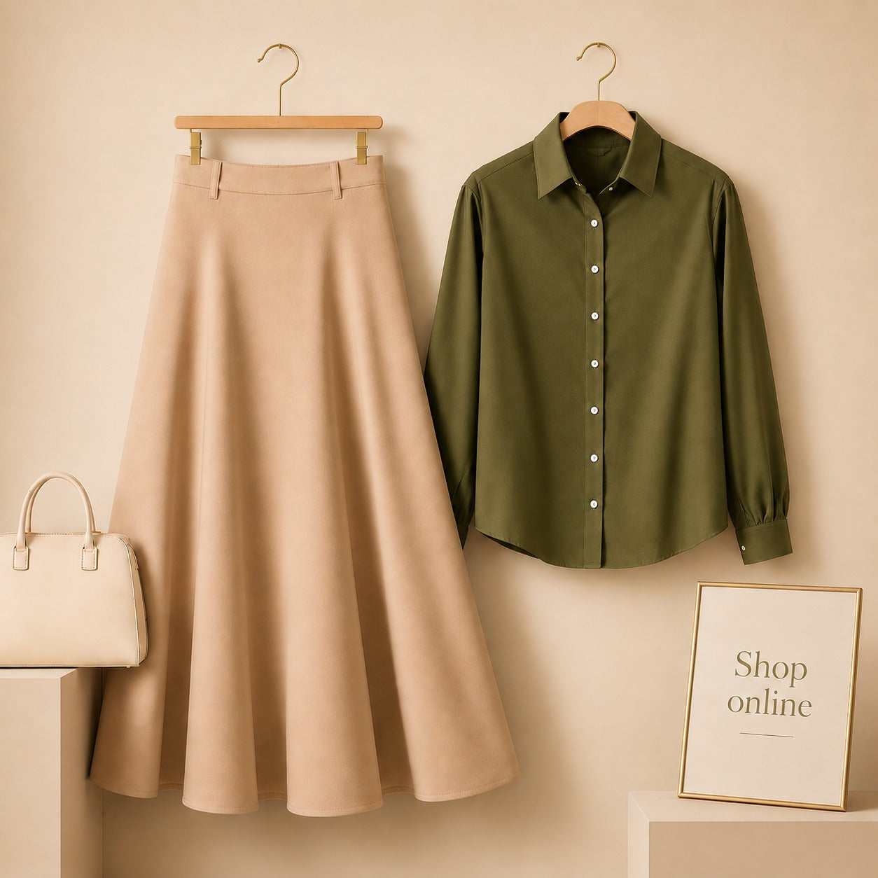 OLIVE GREEN BUTTON DOWN WITH BEIGE SKIRT (Twill)