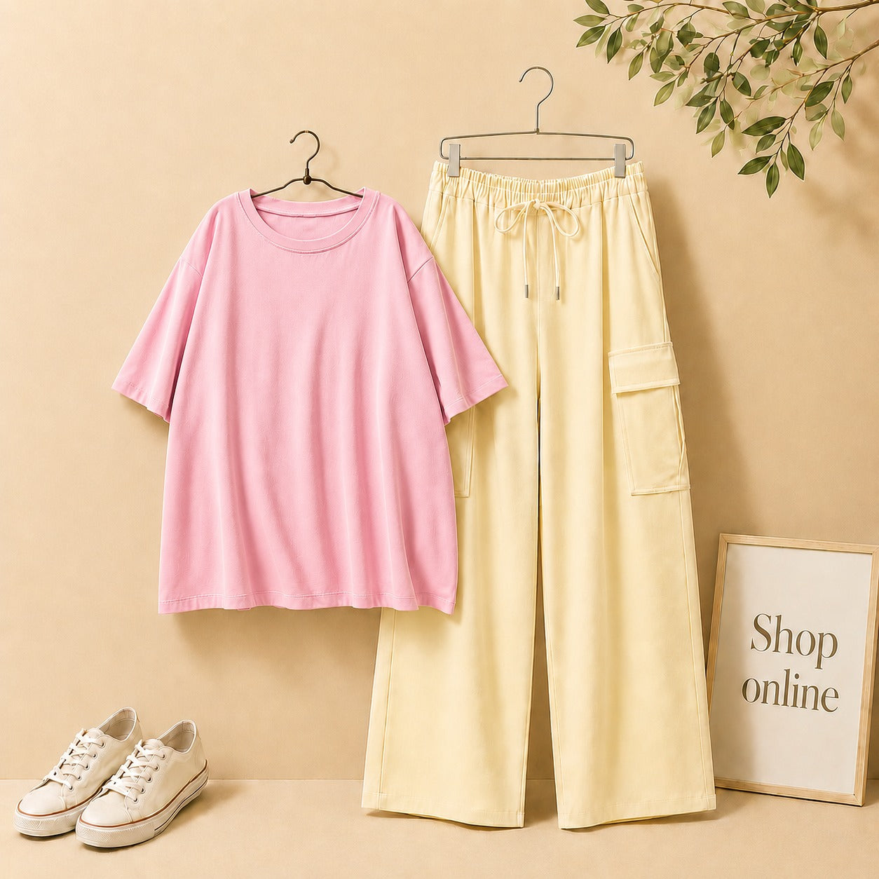 PINK DROP SHOULDER WITH BEIGE CARGO TROUSER
