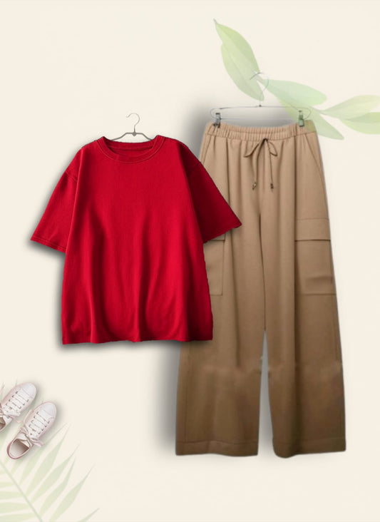 PLAIN RED TSHIRT WITH BEIGE CARGO TROUSER