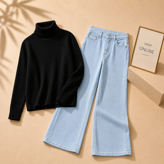 BLACK HIGH NECK WITH ICE BLUE WIDE LEG JEANS