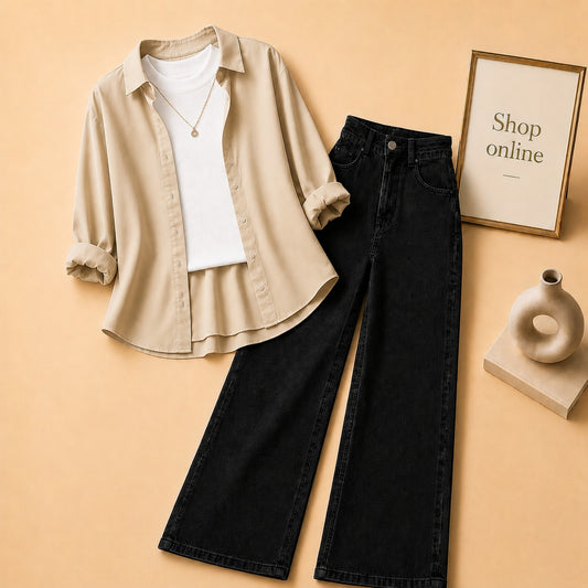BEIGE BUTTON SHIRT WITH WHITE TANKTOP AND BLACK WIDE LEG JEANS (3PCS)