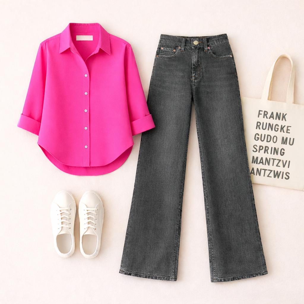 HOT PINK BUTTON SHIRT WITH MALAYSIAN BLACK WIDE LEG JEANS