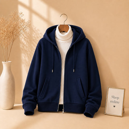 NAVY BLUE ZIPPER HOODIE WITH WHITE HINECK