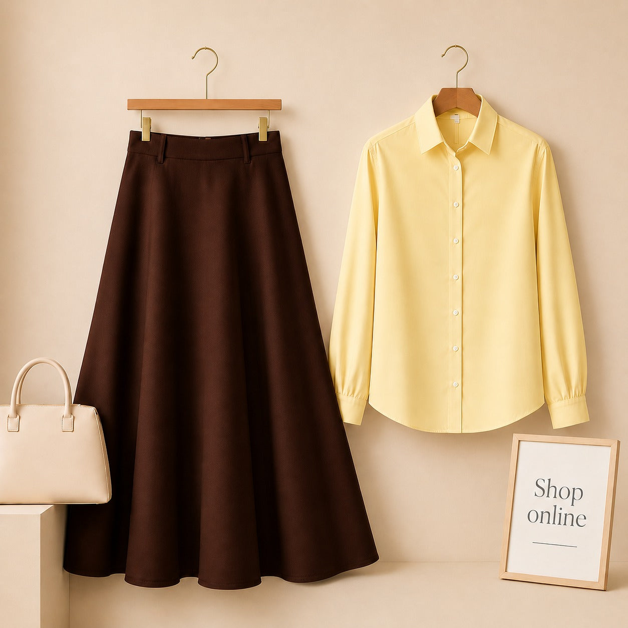 YELLOW BUTTON DOWN WITH BROWN SKIRT (Twill)