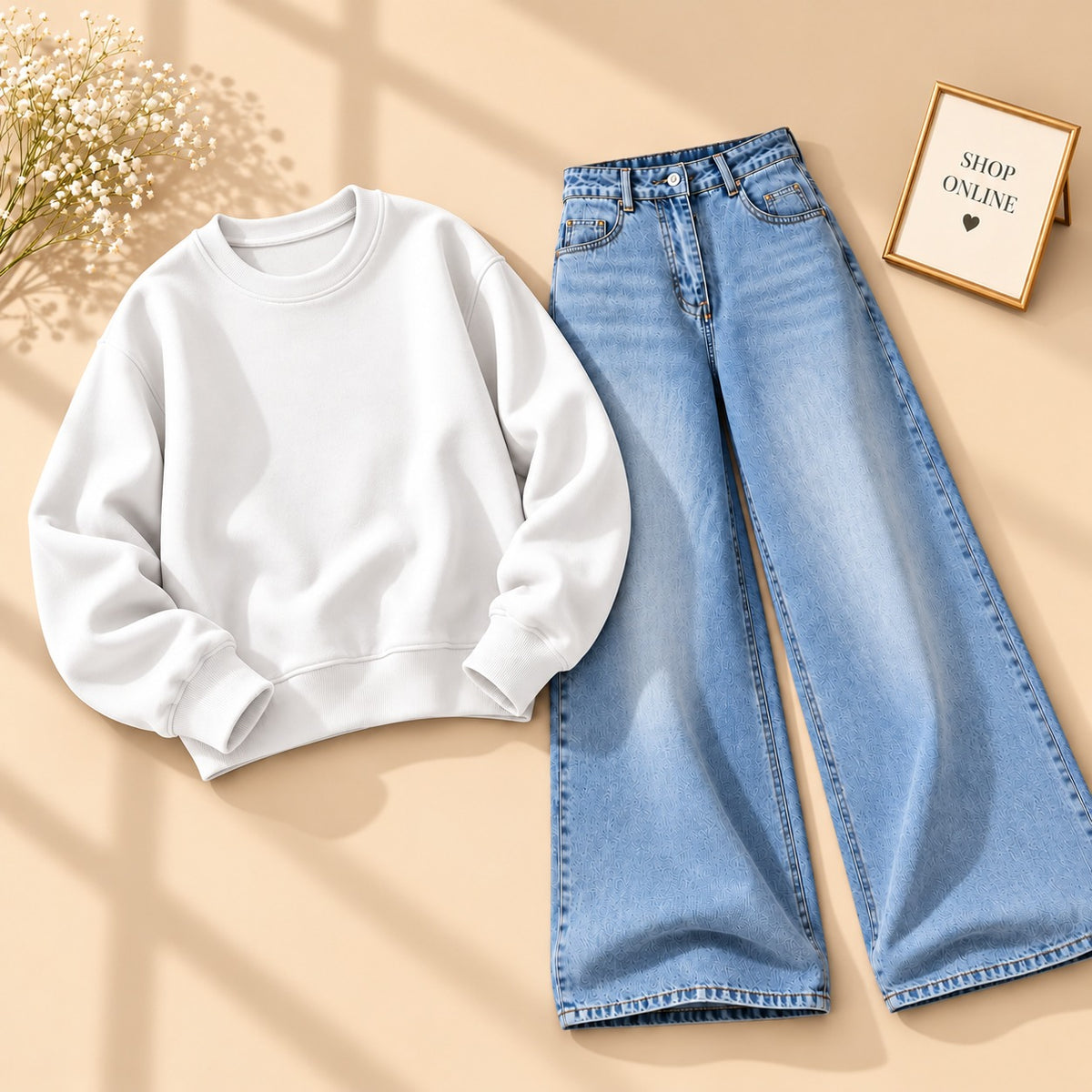 WHITE SWEATSHIRT WITH VINTAGE ICE BLUE WIDE LEG JEANS
