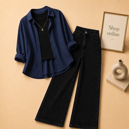 NAVY BLUE BUTTON SHIRT WITH BLACK TANKTOP AND BLACK WIDE LEG JEANS (3PCS)