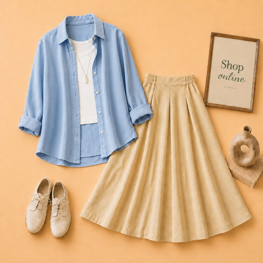 SKY BLUE BUTTON SHIRT WITH WHITE TANKTOP AND BEIGE TWILL SKIRT