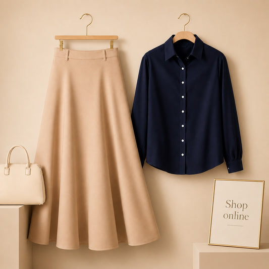 NAVY BLUE BUTTON DOWN WITH BEIGE SKIRT(Twill)