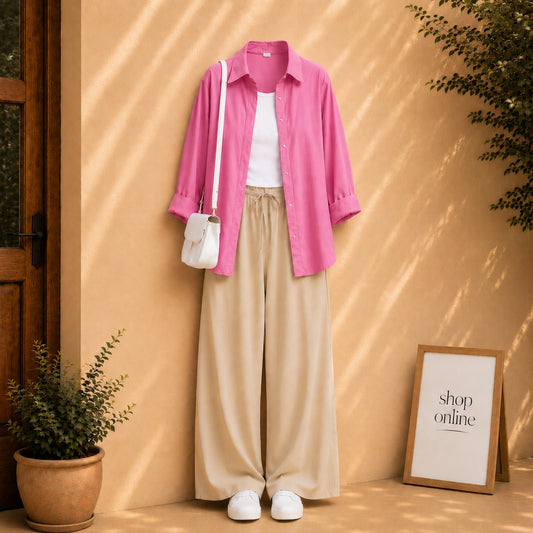 PINK BUTTON SHIRT WITH WHITE TANKTOP AND BEIGE FLAPPER