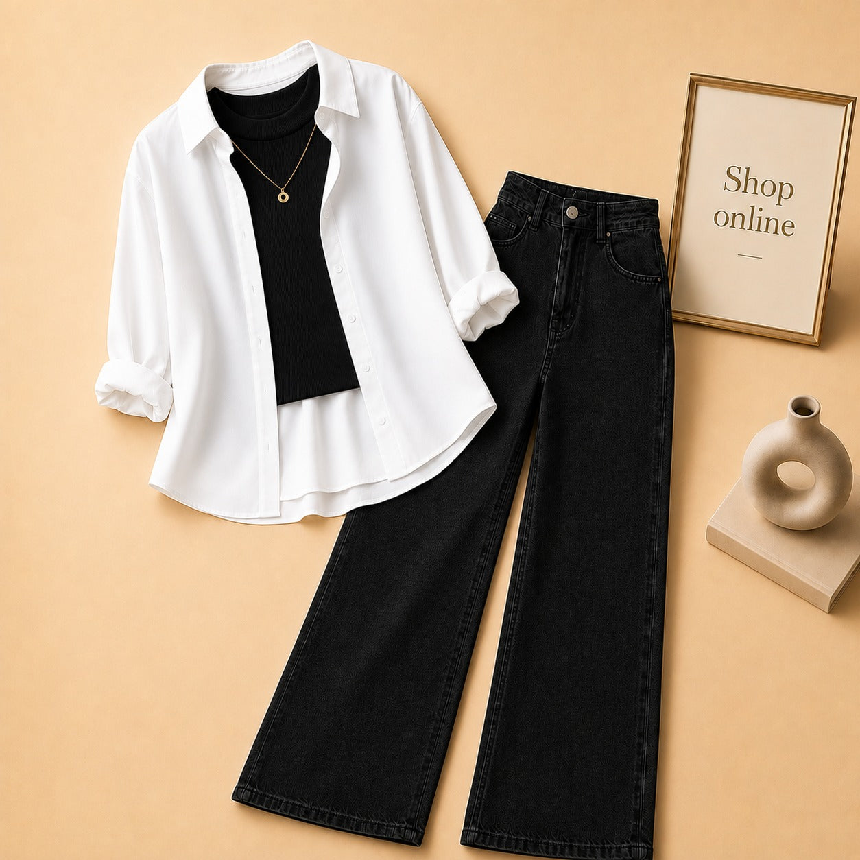 WHITE BUTTON SHIRT WITH BLACK TANKTOP AND BLACK WIDE LEG JEANS (3PCS)