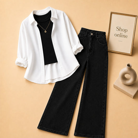 WHITE BUTTON SHIRT WITH BLACK TANKTOP AND BLACK WIDE LEG JEANS (3PCS)