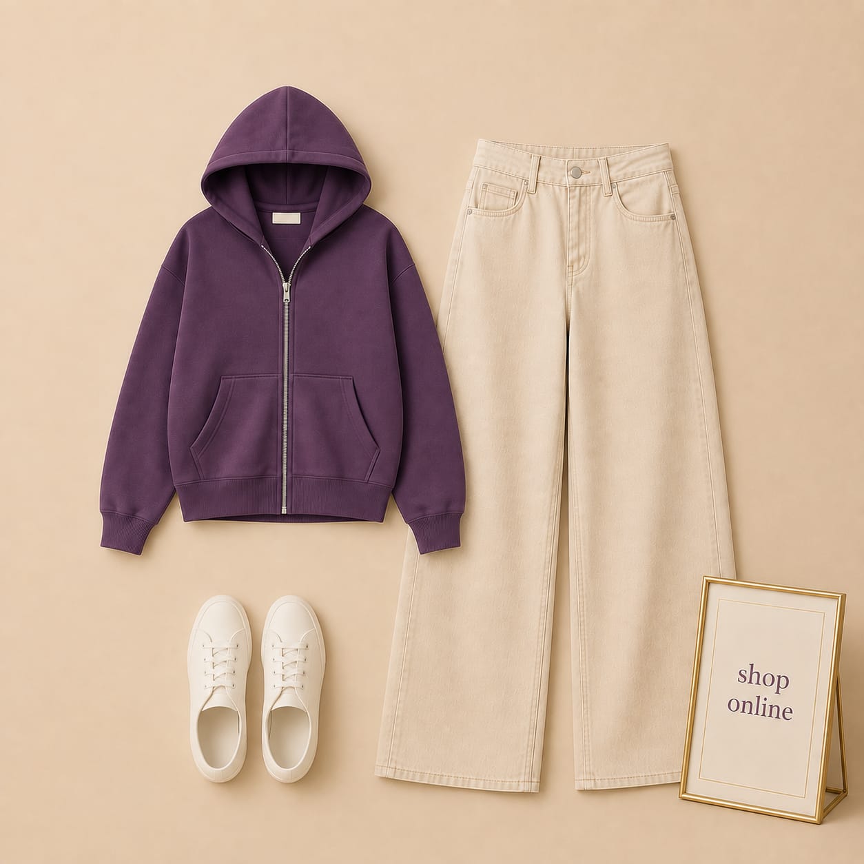 PURPLE ZIPPER HOODIE WITH BEIGE WIDE LEG JEANS