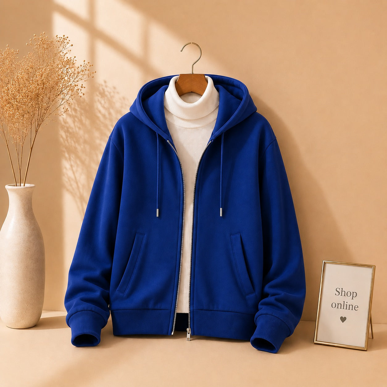 ROYAL BLUE ZIPPER HOODIE WITH WHITE HINECK