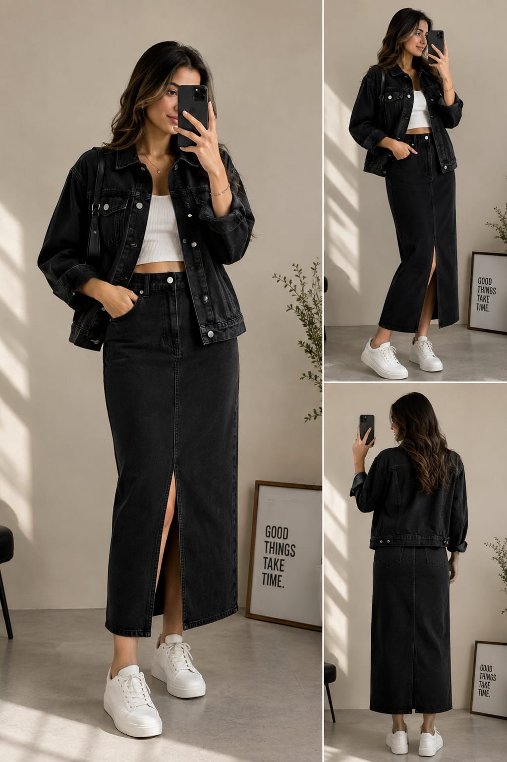 BLACK DENIM JACKET WITH BLACK DENIM SKIRT