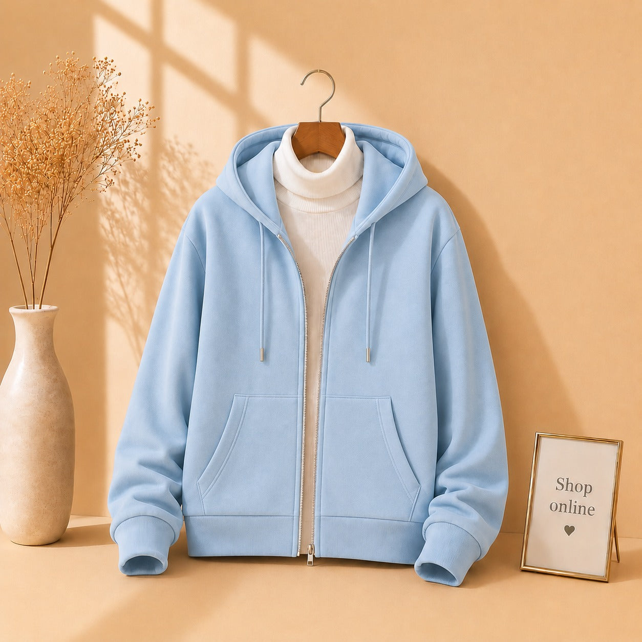 SKY BLUE ZIPPER HOODIE WITH WHITE HINECK