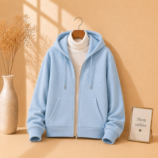 SKY BLUE ZIPPER HOODIE WITH WHITE HINECK
