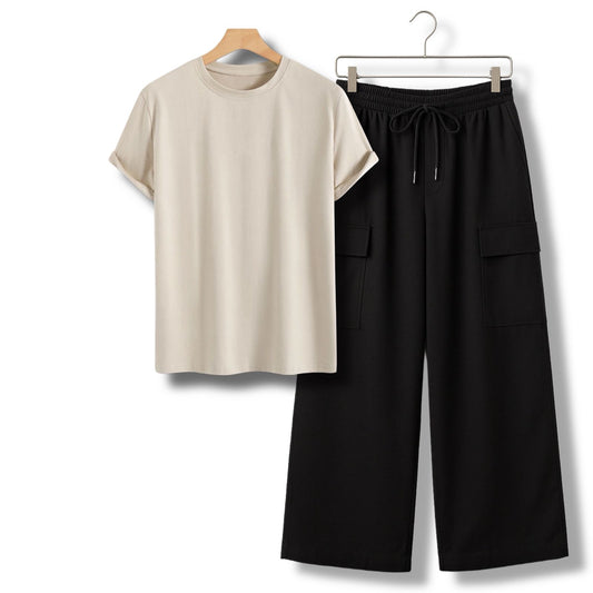 PLAIN CREAM TSHIRT WITH BLACK CARGO TROUSER