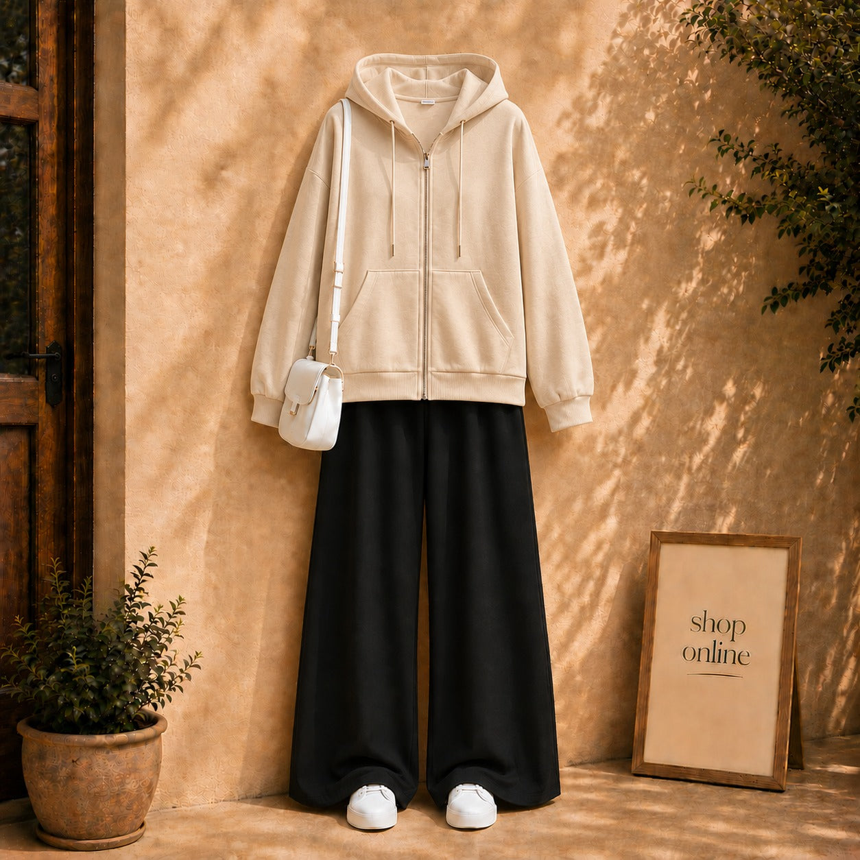 BEIGE ZIPPER HOODIE WITH BLACK FLAPPER