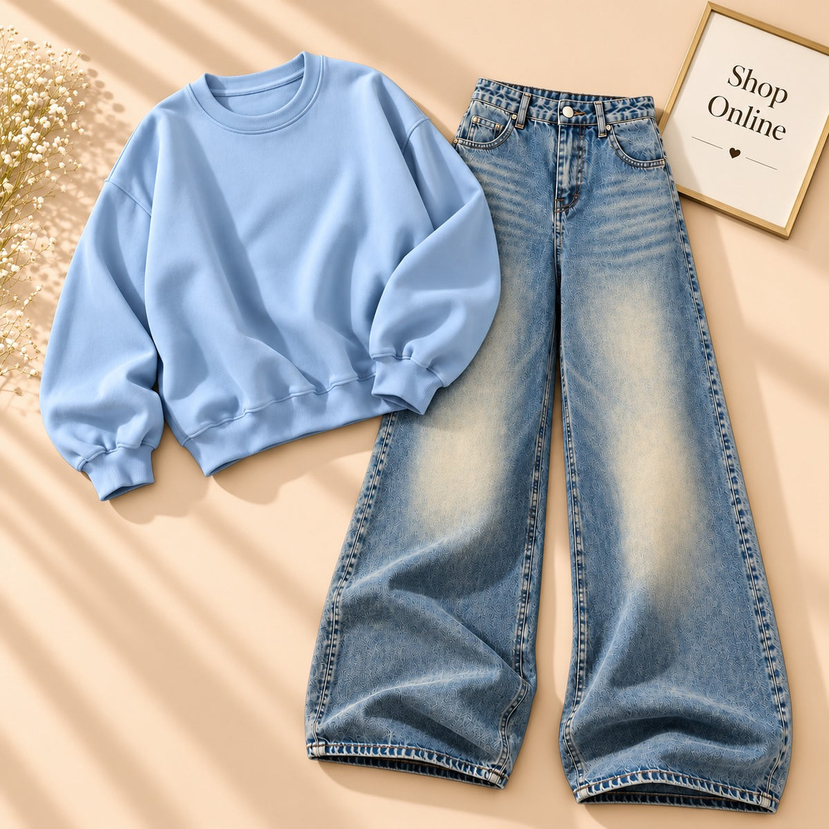 SKY BLUE SWEATSHIRT WITH VINTAGE SKY BLUE WIDE LEG JEANS