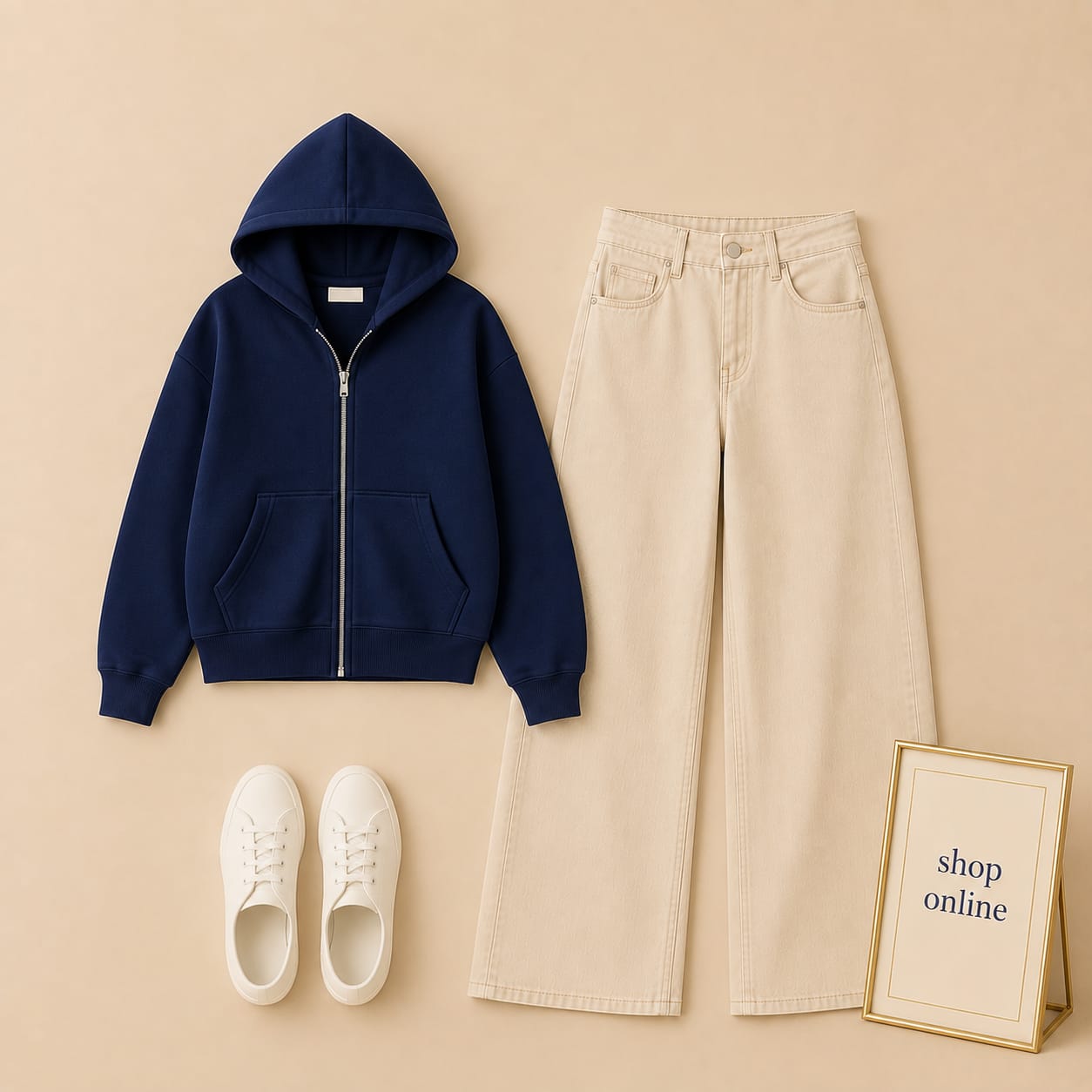 NAVY BLUE ZIPPER HOODIE WITH BEIGE WIDE LEG JEANS