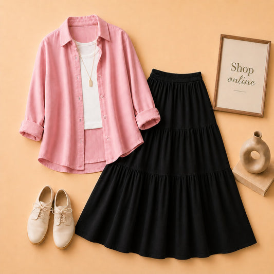 PINK BUTTON SHIRT WITH WHITE TANKTOP AND BLACK 3 TIER SKIRT