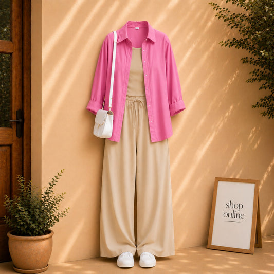 PINK BUTTON SHIRT WITH BEIGE TANKTOP AND BEIGE FLAPPER