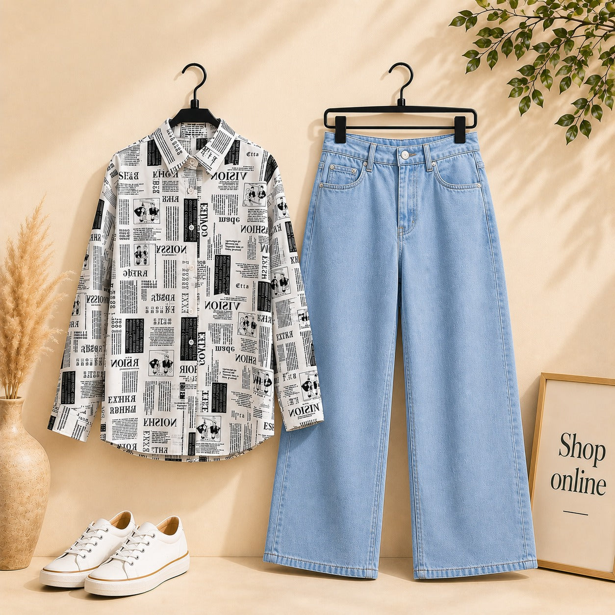 NEWSPAPER BUTTON SHIRT WITH SKY BLUE WIDE LEG JEANS
