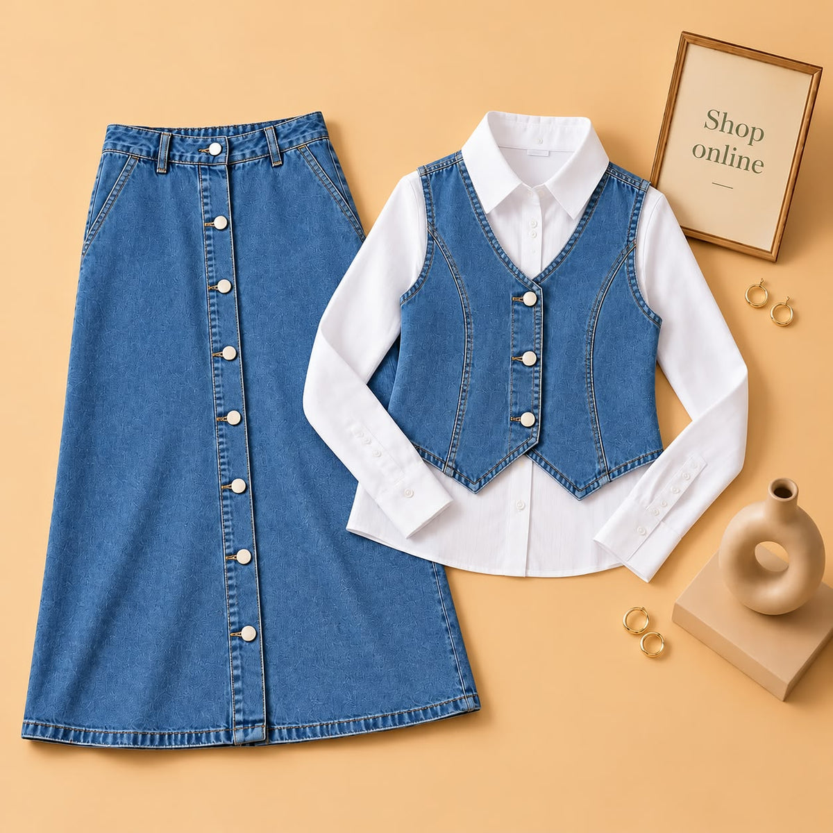 DENIM VEST,BUTTON DOWN AND SKIRT ( 3PCS)
