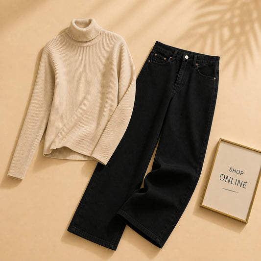 BEIGE HIGH NECK WITH BLACK WIDE LEG JEANS