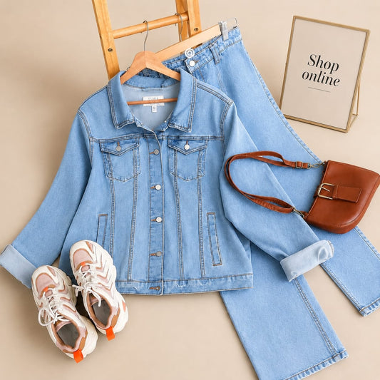 ICE BLUE DENIM JACKET WITH ICE BLUE WIDE LEG JEANS