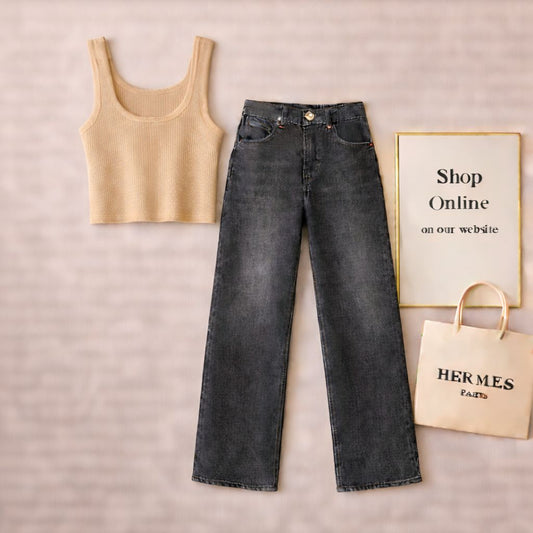 BEIGE TANKTOP WITH MALAYSIAN BLACK WIDE LEG JEANS