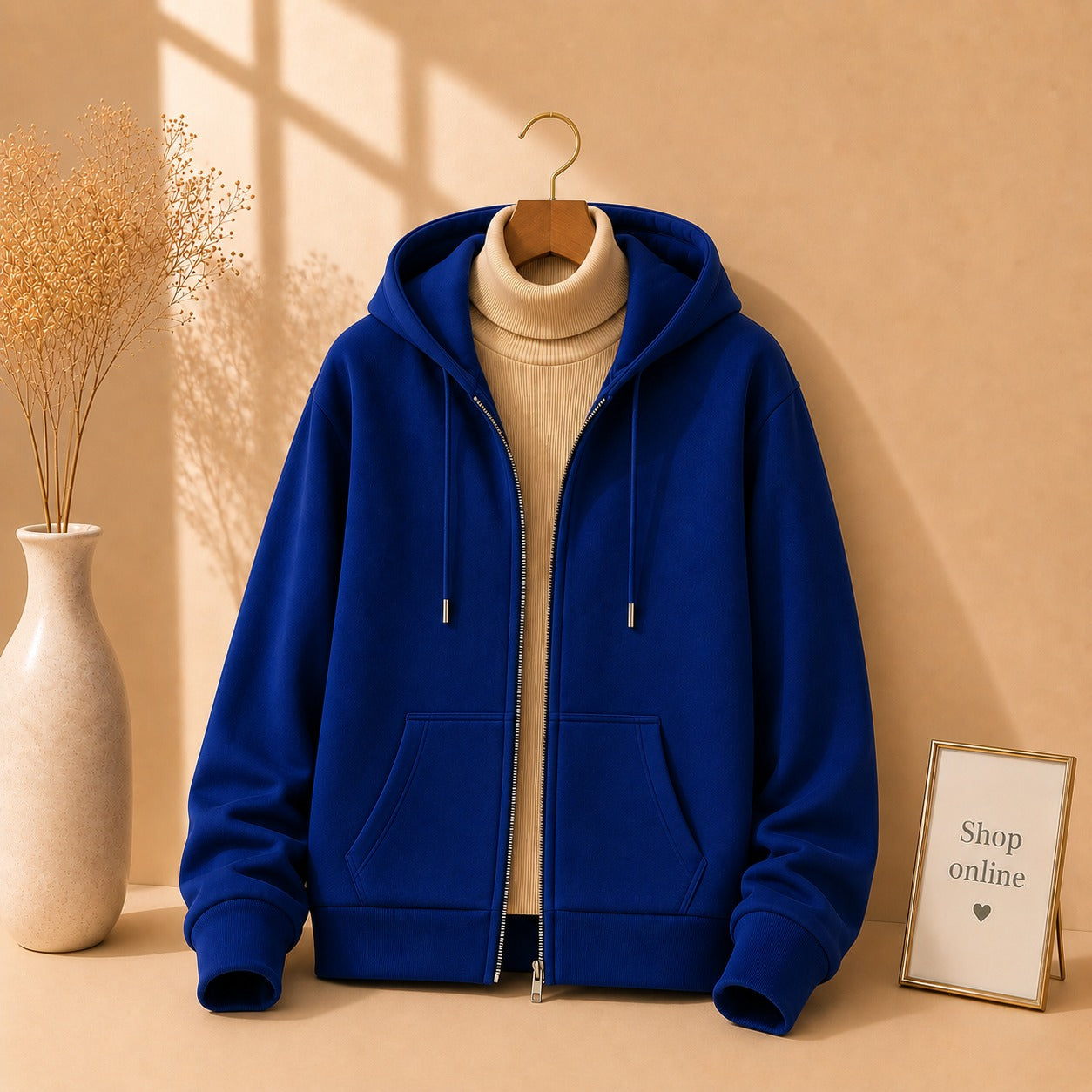 ROYAL BLUE ZIPPER HOODIE WITH BEIGE HINECK