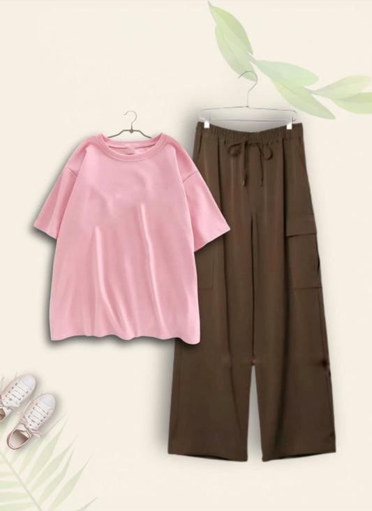 PLAIN PINK TSHIRT WITH BROWN CARGO TROUSER