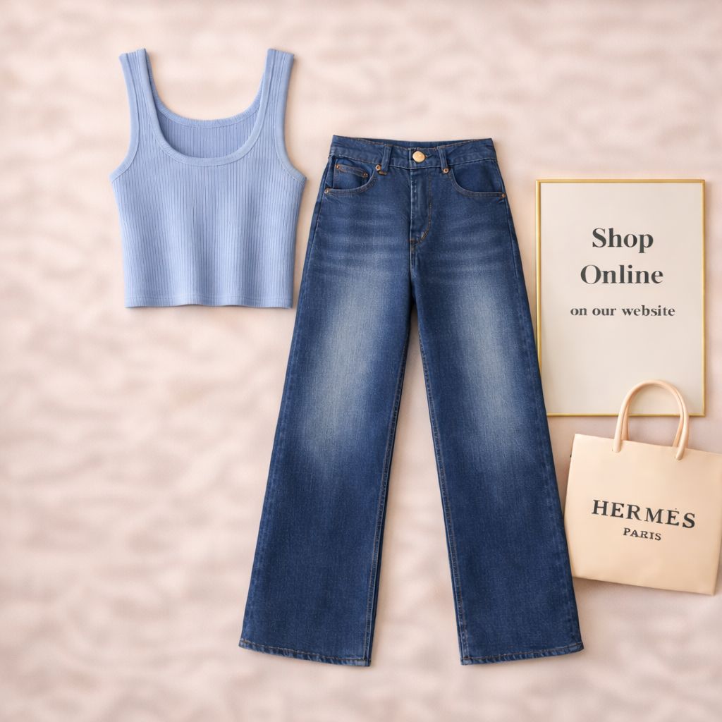 SKY BLUE TANKTOP WITH DARK BLUE WIDE LEG JEANS