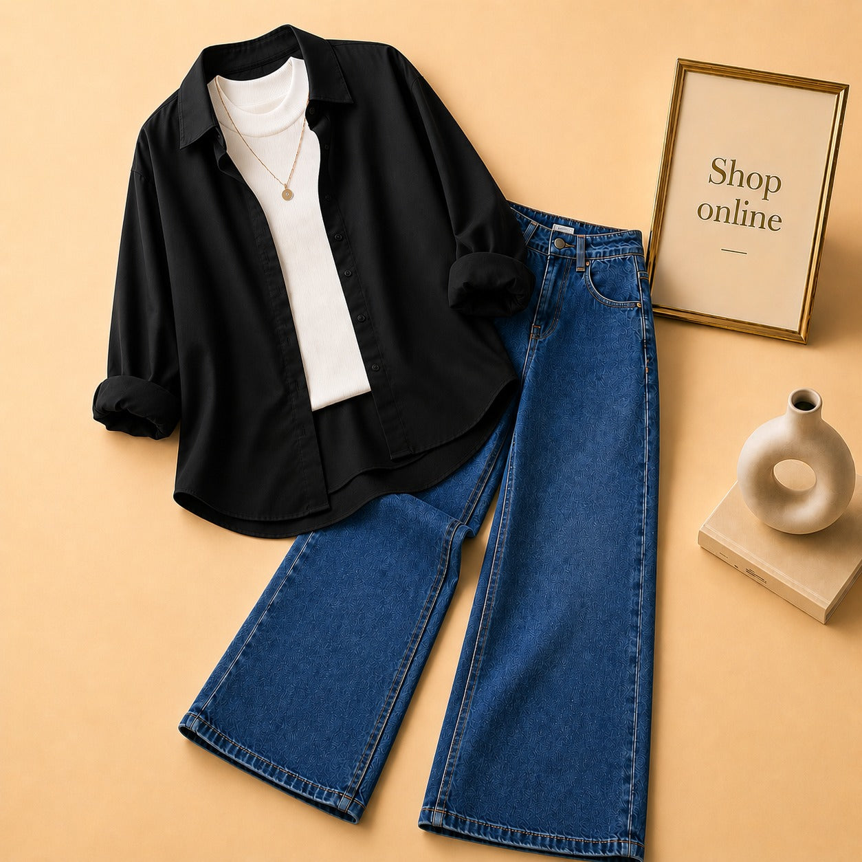 BLACK BUTTON SHIRT WITH WHITE TANKTOP AND DARK BLUE WIDE LEG JEANS (3PCS)
