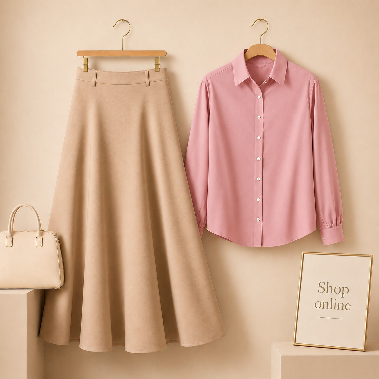 PINK BUTTON DOWN WITH BEIGE SKIRT (Twill)