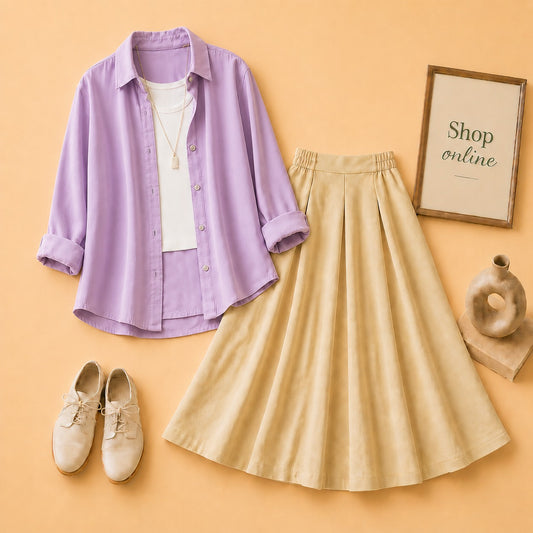 LILAC BUTTON SHIRT WITH WHITE TANKTOP AND BEIGE TWILL SKIRT