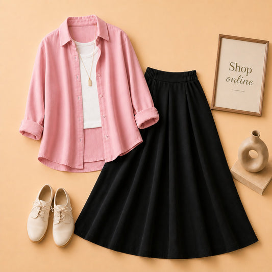 PINK BUTTON SHIRT WITH WHITE TANKTOP AND BLACK TWILL SKIRT