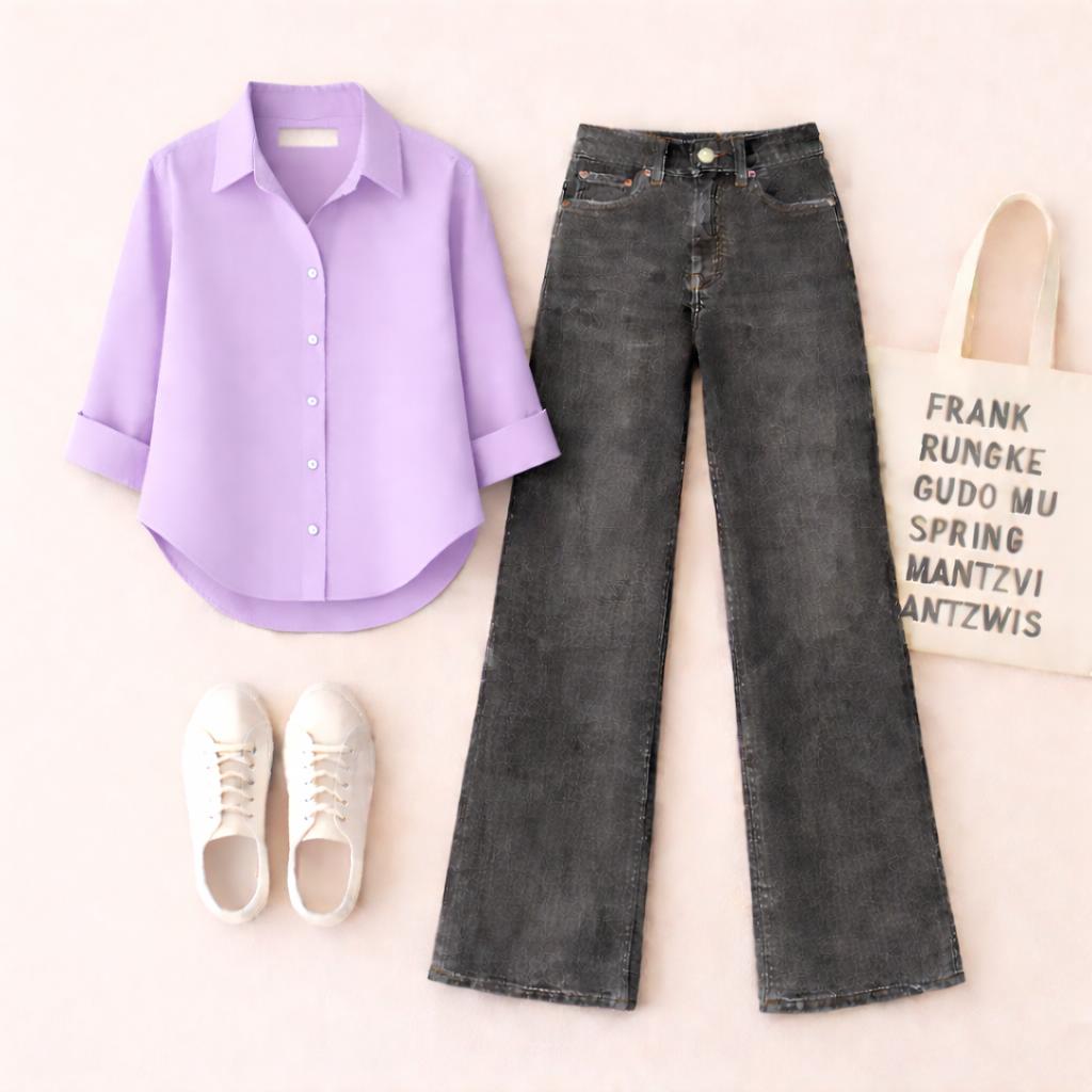 LILAC BUTTON SHIRT WITH MALAYSIAN BLACK WIDE LEG JEANS
