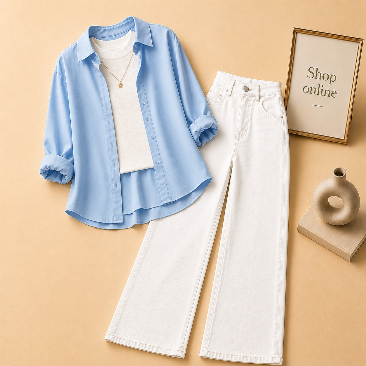 SKY BLUE BUTTON SHIRT WITH WHITE TANKTOP AND WHITE WIDE LEG JEANS (3PCS)