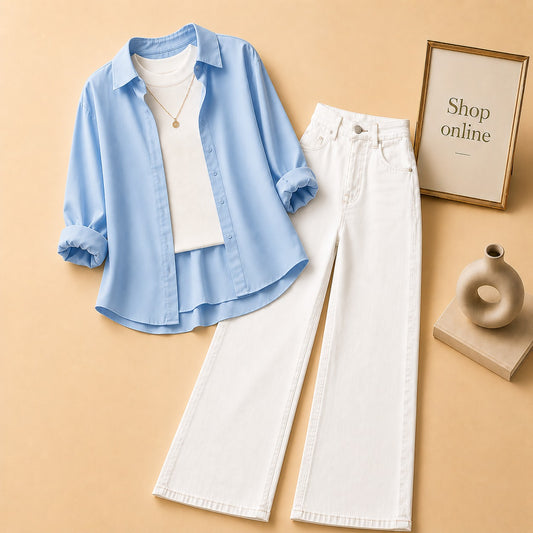 SKY BLUE BUTTON SHIRT WITH WHITE TANKTOP AND WHITE WIDE LEG JEANS (3PCS)
